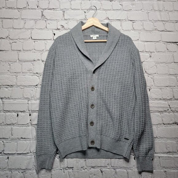 Brax James Virgin Merino Wool Blend Gray Shawl Collar Knit Button Cardigan Sz L - Picture 1 of 16